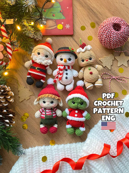 Crochet christmas tree decorations toys set 5 in 1 pattern PDF in Eng crochet Santa Claus